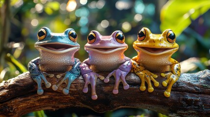 Colorful Frogs Sitting on a Branch in Nature