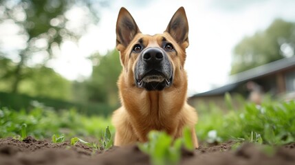 Obedience training for a German shepherd in a forest playground setting