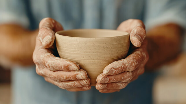 Craftsman holding a freshly crafted pottery bowl with pride while showcasing skillfulness against a blurred workshop background.