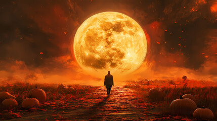 Man walking on path towards giant harvest moon in surreal landscape with pumpkins. Celestial Path. Illustration