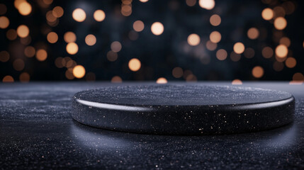 Elegant round black platform against a blurred bokeh background, ideal for showcasing products and enhancing visual appeal in stylish presentations
