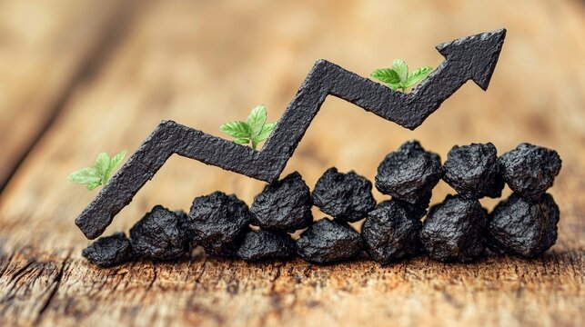 Growth and Progress: Black Arrow with Green Sprouts on Wooden Surface