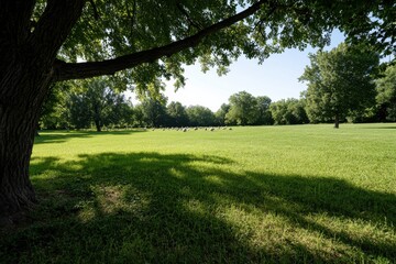 This perspective captures the interplay of sunlight and shadows on a lush green lawn, inviting viewers to appreciate the beauty of nature in its calmest form.
