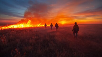 Firefighters Walking Toward Sunset with Flames