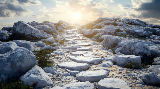 Sunlit rocky path across desolate landscape. Celestial Path. Illustration