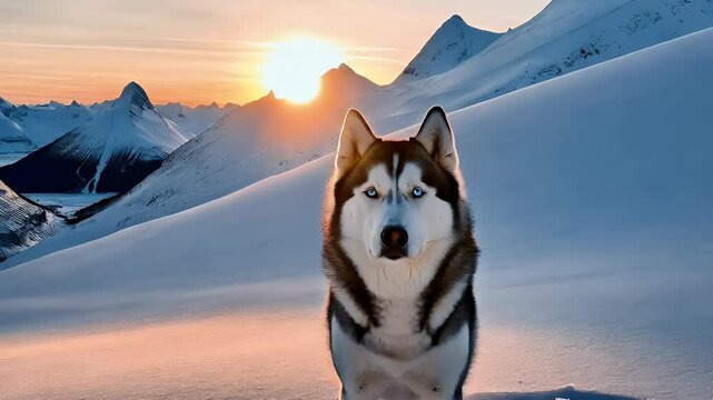 Beautiful husky in a snowy mountain landscape at sunset
