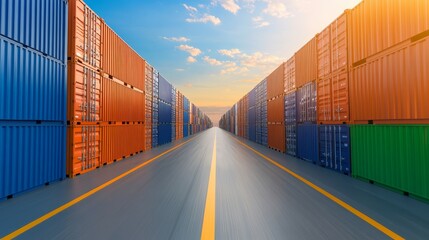 Fototapeta premium Longhaul logistics, a detailed view of container trucks on busy highway under sunny sky