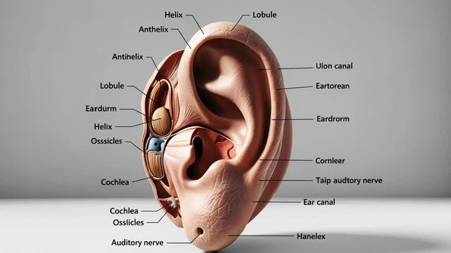 3D model of human ear anatomy highlights outer ear, canal, internal structures, labeled.