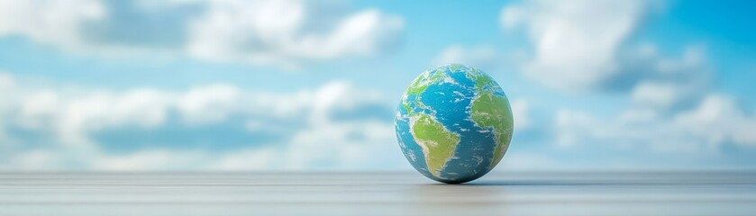 Fototapeta premium Miniature earth globe on wooden floor with serene blue sky backdrop small