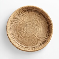 Round woven rattan basket isolated on white background.