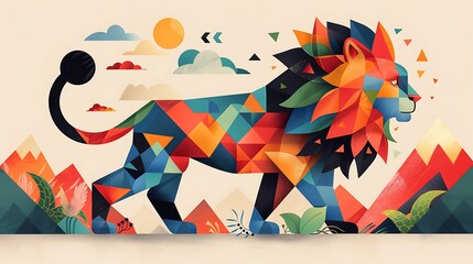 Obraz premium Geometric lion walking mountainscape, vibrant colors, nature background, design illustration