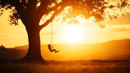Child on swing under sunset tree silhouette.