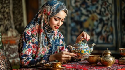 Fototapeta premium Woman in floral hijab pours tea from ornate teapot