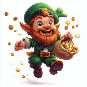 leprechaun holding gold coins, green outfit clip art preview