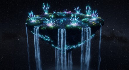 Fototapeta premium A surreal floating island with cascading waterfalls and bioluminescent plants