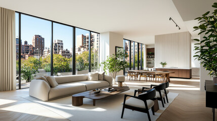 modern apartment with large windows, stylish furniture, and city views