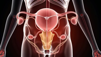 3D illustration of female genital anatomy with details, uterus, ovaries, and external vulva structures
