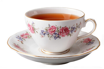 Elegant floral tea cup and saucer filled with steaming tea set on a white background in a cozy setting