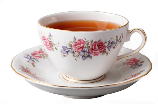 Elegant floral tea cup and saucer filled with steaming tea set on a white background in a cozy setting