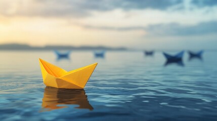 Obraz premium A bright yellow paper boat drifting away from a group of boats on calm water, signifying leadership and charting a unique course forward
