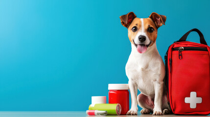 happy dog sits beside pet first aid kit with supplies on blue background