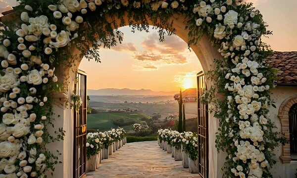 A picturesque arch adorned with flowers, leading to a scenic sunset view over rolling hills.