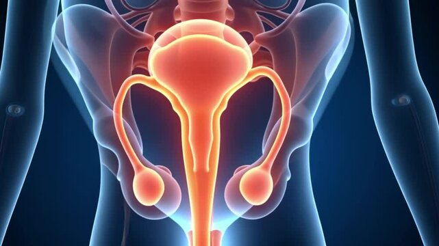 3D illustration of human male genital anatomy with x-ray effect, including penis, testes, and prostate structures