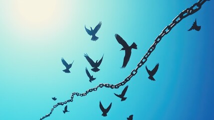 Obraz premium A flock of birds soaring into a clear blue sky, with broken chains lying on the ground, symbolizing freedom, liberation, and breaking through barriers