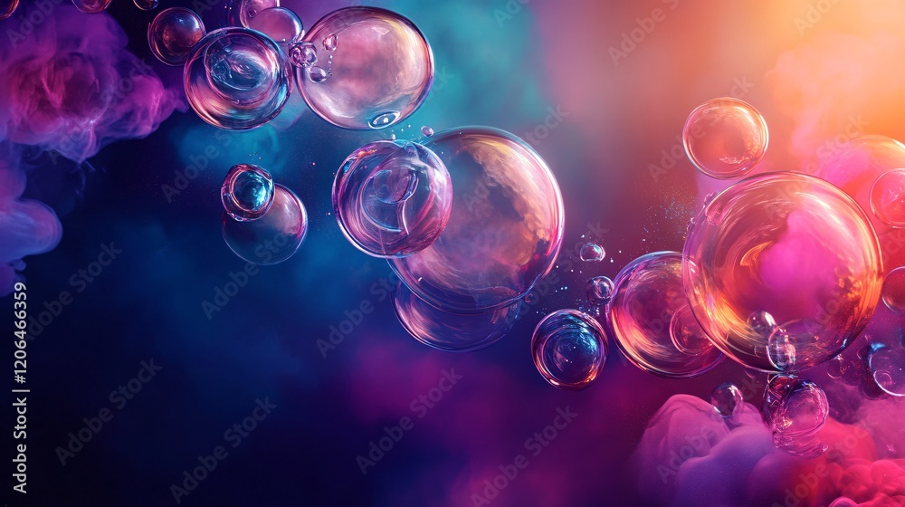 Poster colorful bubbles floating on a vibrant abstract background