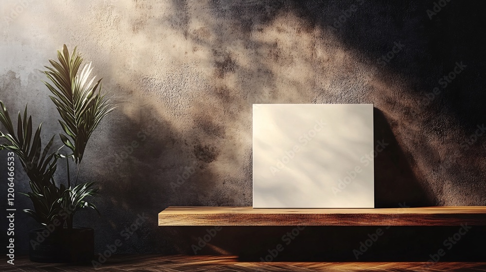 Poster sunlight shining on blank canvas print leaning on shelf with plant in pot on wooden floor