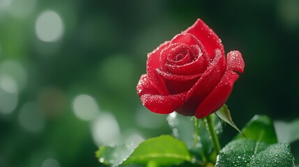 Closeup of a vibrant red rose with glistening water droplets