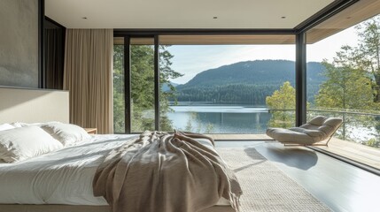 Fototapeta premium A modern bedroom in soft neutral hues, minimalist furniture, and floor-to-ceiling windows overlooking a calm, serene lake in the distance