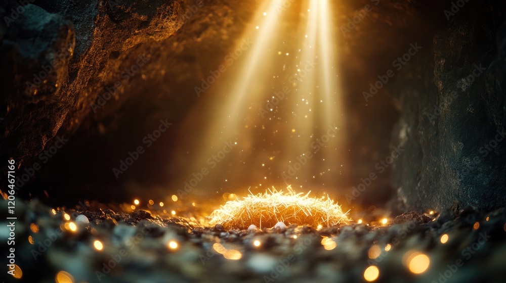 Poster a peaceful cave with a glowing manger, ethereal beams of light shining down, and a soft bokeh effect