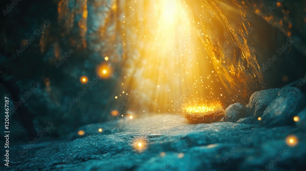 Poster a peaceful cave with a glowing manger, ethereal beams of light shining down, and a soft bokeh effect