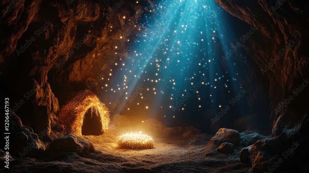Poster a peaceful cave with a glowing manger, ethereal beams of light shining down, and a soft bokeh effect