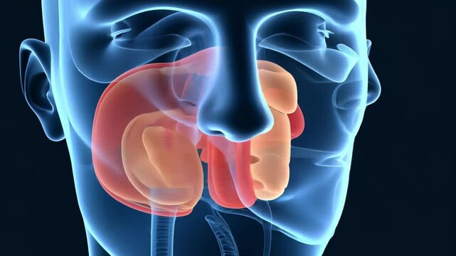 3D illustration of human nose anatomy with x-ray effect, highlighting external and internal structures like nasal cavity, septum, and turbinates.