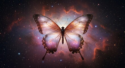 A cosmic butterfly with wings made of shimmering galaxies and stardust
