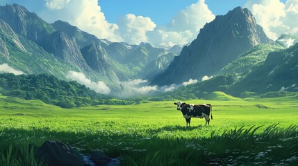A single cow in a vibrant green meadow, with towering mountains and clear skies adding to the peaceful and serene beauty of the rural countryside