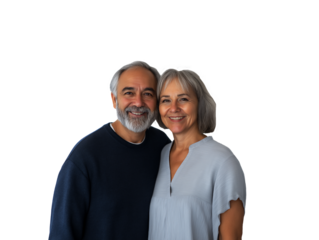 Middle age Caucasian couple embracing and smiling, isolated on white transparent background