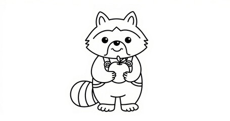 Fototapeta premium Cute cartoon raccoon holding apple in black and white outline. Coloring page style
