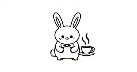 Fototapeta premium Cute cartoon rabbit with bowtie and coffee cup. Coloring page style