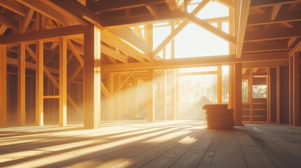 Obraz premium A spacious view of the interior of a new wooden house under construction, with exposed wooden beams and sunlight filling the space through large openings