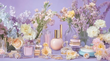 Obraz premium A stylish arrangement of high-end cosmetics, fine jewelry, and pastel flowers, styled on a pastel purple backdrop for a fashionable, upscale aesthetic