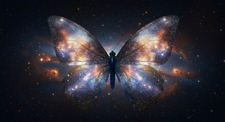 A cosmic butterfly with wings made of shimmering galaxies and stardust