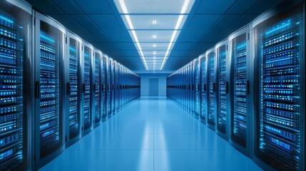 Powerful server unit illuminating a data center with glowing lights powerful