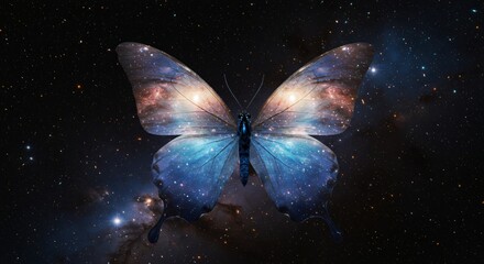 A cosmic butterfly with wings made of shimmering galaxies and stardust