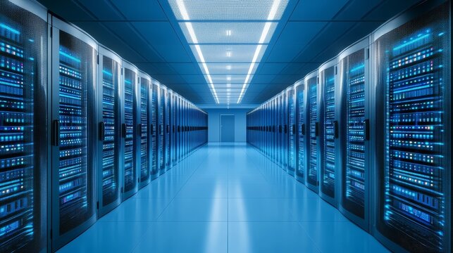 Powerful server unit illuminating a data center with glowing lights powerful - Powered by Adobe