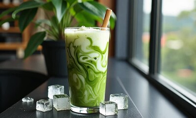 Iced matcha latte with green tea swirls, milk, ice cubes, and bamboo straw, a healthy refreshing drink