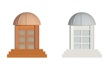 Door with foldable round door awning realistic 3D mockup. Scallop edge canopy mock-up. Window tent roof for restaurant, cafe, hotel or store. Template for design