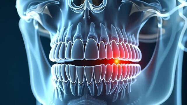 Detailed 3D x-ray-style illustration of the human oral cavity, showing teeth, palate, and uvula